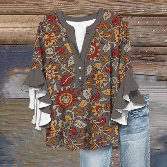 Bovemsi Women's 3/4 Sleeve V Neck Lace Trim Button Up Top - Casual Bubble Wrinkles Blouse with Relaxed Fit, Grey, S