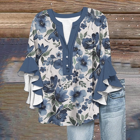 Bovemsi Women's 3/4 Sleeve V Neck Lace Trim Button Up Top - Casual Bubble Wrinkles Blouse with Relaxed Fit, Grey, XL