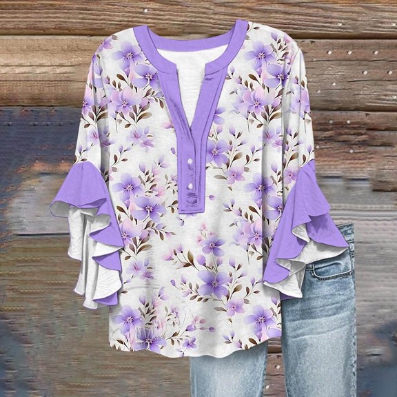 Bovemsi Women's 3/4 Sleeve V Neck Lace Trim Button Up Top - Casual Bubble Wrinkles Blouse with Relaxed Fit, Purple, S