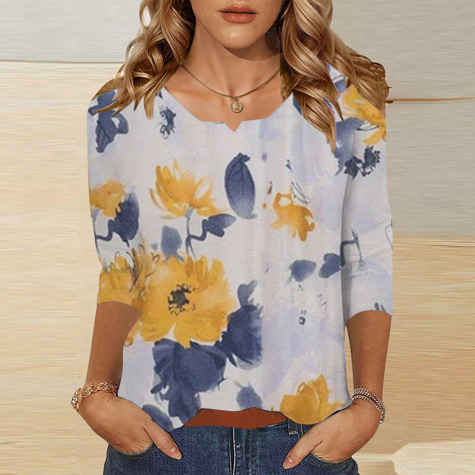 Bovemsi Women's 3/4 Sleeve V Neck Tunic Top - Casual Floral Print ...