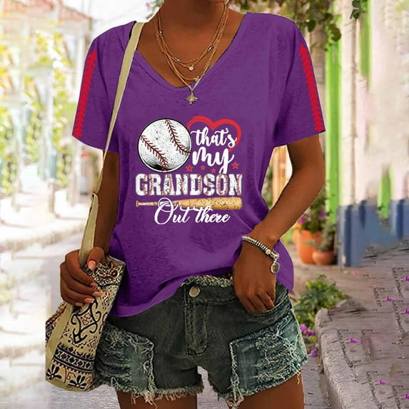 Bovemsi Women's Baseball Season Solid Color Sports Top V Neck Loose Short Sleeved Shirt, Purple Women's Summer Short Sleeve T-Shirts, L