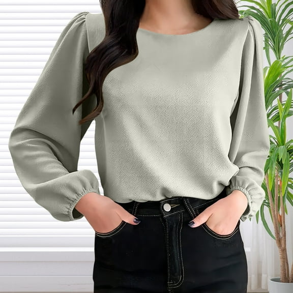 Bovemsi Women's Blouse Soft Puff Long Sleeve Shirt Tops Lightweight O Neck Tunic Tops for Spring Fall S 5Xl, Green Summer Women's Long Sleeve T-Shirts, L
