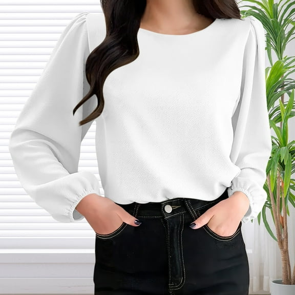 Bovemsi Women's Blouse Soft Puff Long Sleeve Shirt Tops Lightweight O Neck Tunic Tops for Spring Fall S 5Xl, White Summer Women's Long Sleeve T-Shirts, M