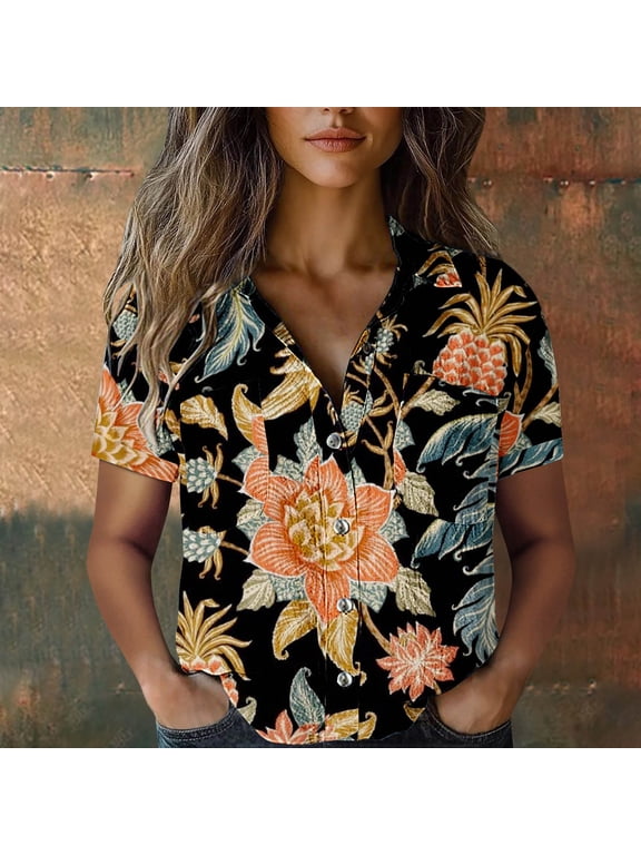 Women's Boho Button Front Shirt - Short Sleeve Summer Top with Bubble Wrinkles Fabric - Relaxed Fit Casual Blouse, Black, L
