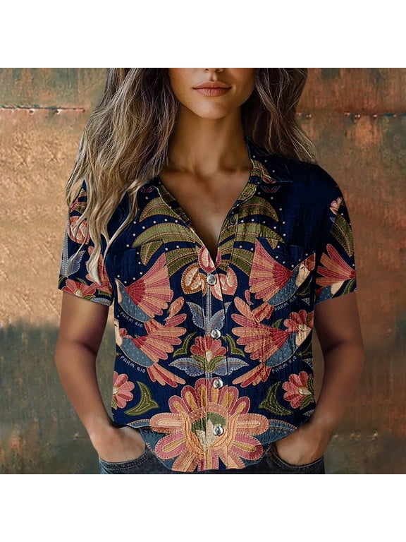 Women's Boho Button Front Shirt - Short Sleeve Summer Top with Bubble Wrinkles Fabric - Relaxed Fit Casual Blouse, Black, XXL