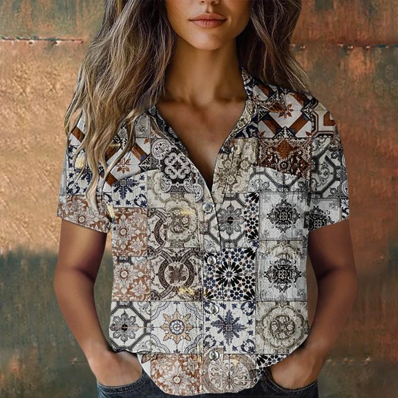 Bovemsi Women's Boho Button Front Shirt - Short Sleeve Summer Top with Bubble Wrinkles Fabric - Relaxed Fit Casual Blouse, Grey, M