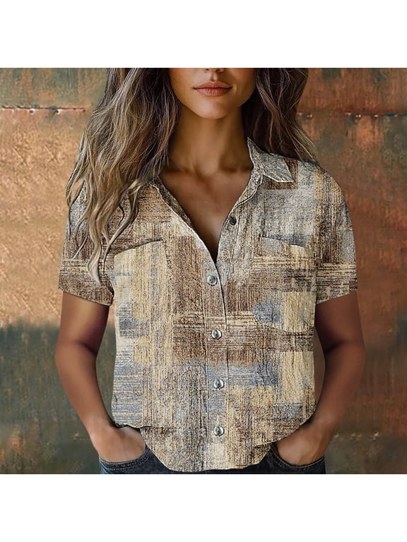 Women's Boho Button Front Shirt - Short Sleeve Summer Top with Bubble Wrinkles Fabric - Relaxed Fit Casual Blouse, Khaki, L