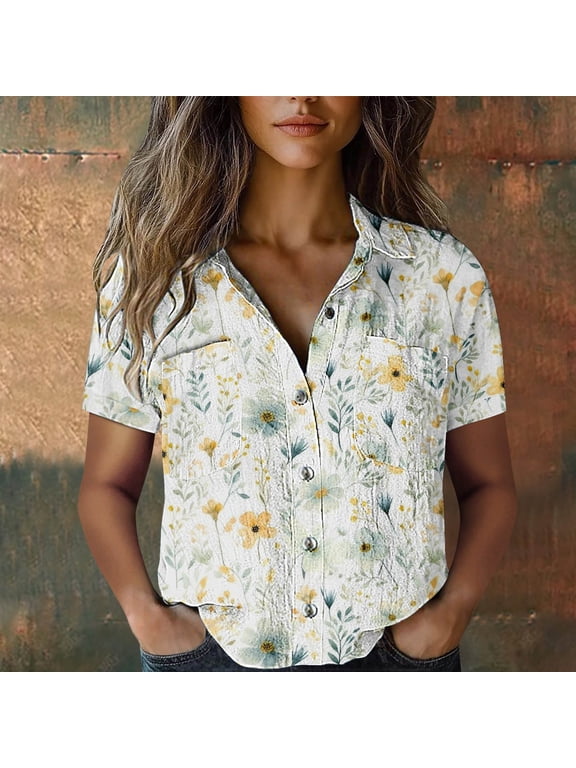 Women's Boho Button Front Shirt - Short Sleeve Summer Top with Bubble Wrinkles Fabric - Relaxed Fit Casual Blouse, White, XL