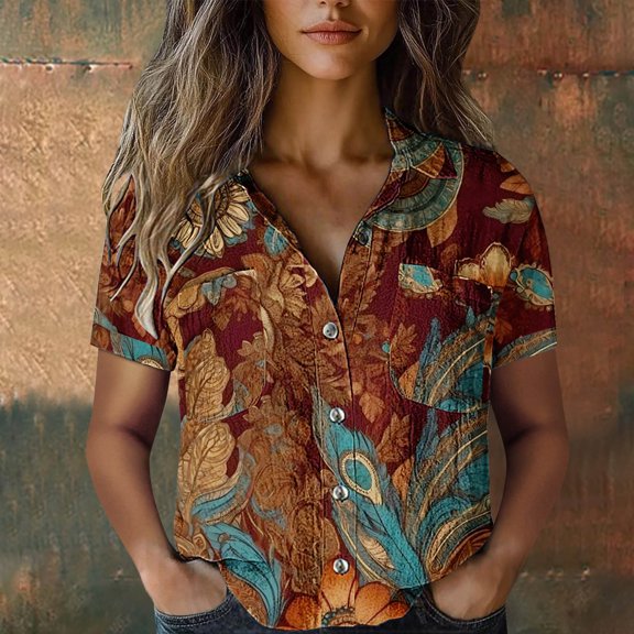 Bovemsi Women's Boho Button Front Shirt - Short Sleeve Summer Top with Bubble Wrinkles Fabric - Relaxed Fit Casual Blouse, Wine, M