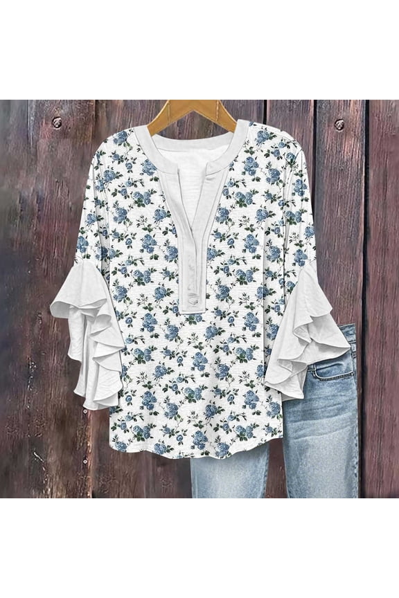 Women's Boho Floral 3/4 Sleeve V Neck Blouse - Flowy Ruffle Sleeve Half Button Down Shirt - Bubble Wrinkles Summer Top, White, XXL