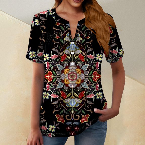 Bovemsi Women's Boho V Neck Button Front Short Sleeve Shirt - Lightweight Summer Casual Blouse with Flowy Fit, Black, 3XL