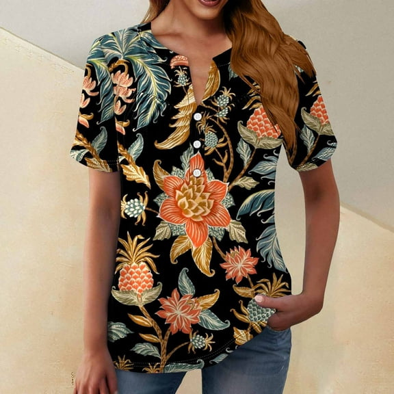 Bovemsi Women's Boho V Neck Button Front Short Sleeve Shirt - Lightweight Summer Casual Blouse with Flowy Fit, Black, S