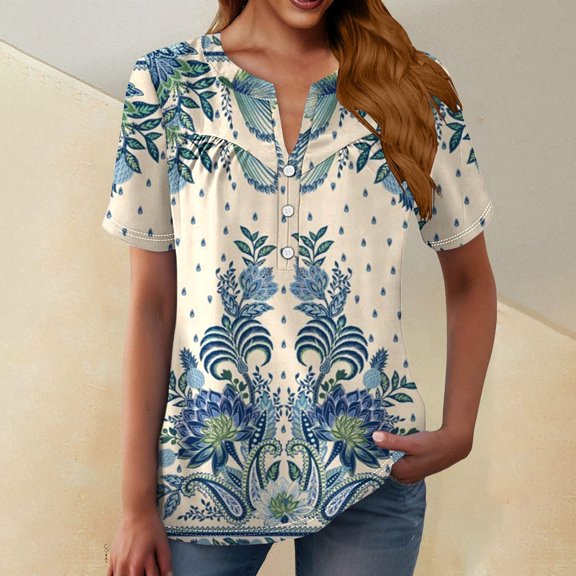 Bovemsi Women's Boho V Neck Button Front Short Sleeve Shirt - Lightweight Summer Casual Blouse with Flowy Fit, Light Blue, XXL