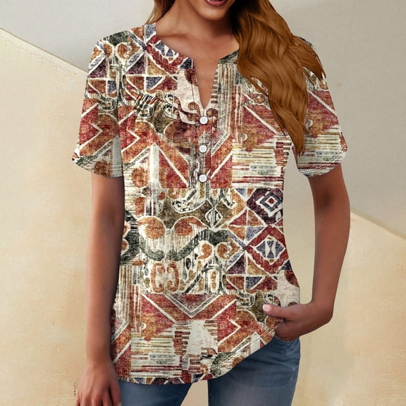 Bovemsi Women's Boho V Neck Button Front Short Sleeve Shirt - Lightweight Summer Casual Blouse with Flowy Fit, Red, 3XL