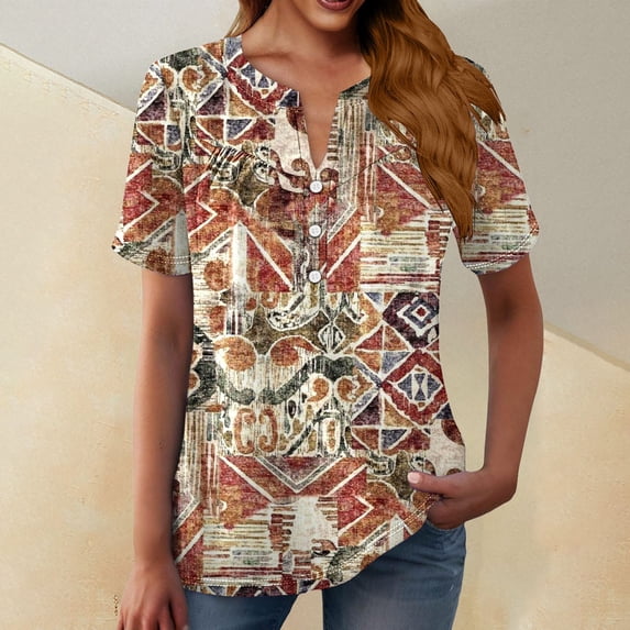 Bovemsi Women's Boho V Neck Button Front Short Sleeve Shirt - Lightweight Summer Casual Blouse with Flowy Fit, Red, S