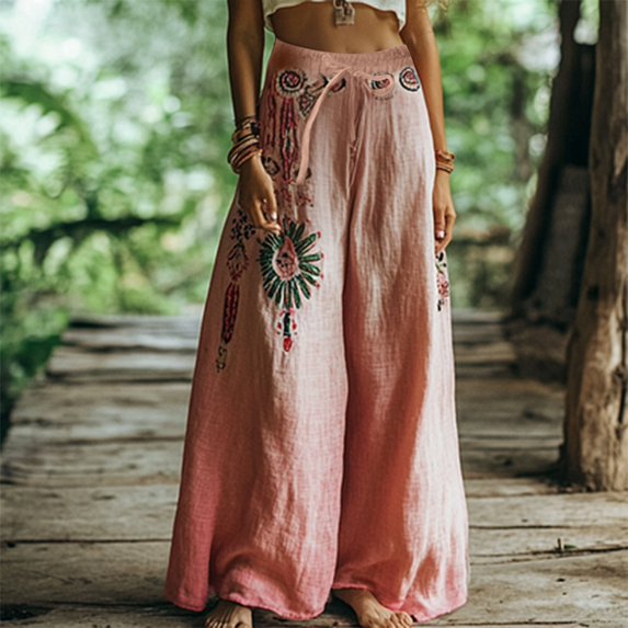 Bovemsi Women's Bubble Texture Linen-Like Ethnic Print Casual Pants – Retro Floral Wide Leg Trousers for Summer, Pink, M
