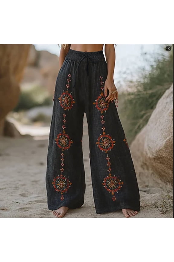 Women's Bubble Texture Linen-Like Ethnic Print Casual Pants – Retro Floral Wide Leg Trousers for Summer, Red, XXL