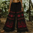 thumbnail image 1 of Bovemsi Women's Bubble Texture Linen-Like Ethnic Print Casual Pants – Retro Floral Wide Leg Trousers for Summer, Red, XXL, 1 of 4