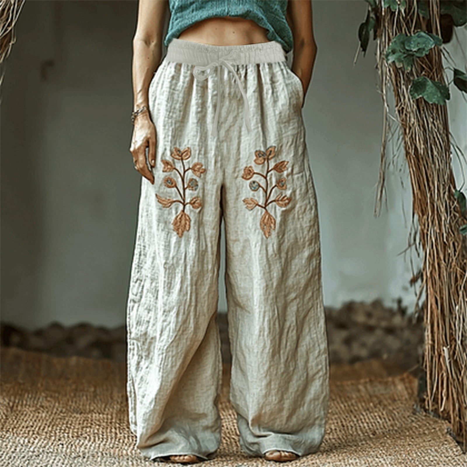Bovemsi Women's Bubble Texture Linen-Like Ethnic Print Casual