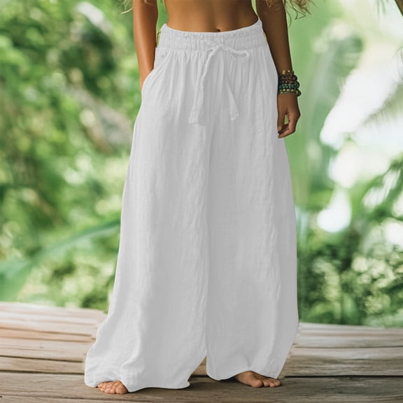 Bovemsi Women's Bubble Texture Linen-Like Ethnic Print Casual Pants – Retro Floral Wide Leg Trousers for Summer, White, S