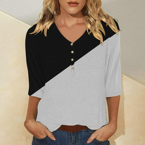 Bovemsi Women's Casual 3/4 Sleeve T Shirts 2025 V Neck Tunic Tops Cute Tees Blouses Loose Fit Business Work Tee Top, Black Women's Summer Short Sleeve T-Shirts, S