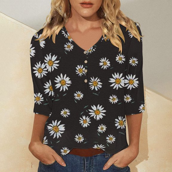 Bovemsi Women's Casual 3/4 Sleeve T Shirts 2025 V Neck Tunic Tops Cute Tees Blouses Loose Fit Business Work Tee Top, Black Women's Summer Short Sleeve T-Shirts, L