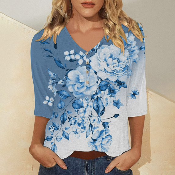 Bovemsi Women's Casual 3/4 Sleeve T Shirts 2025 V Neck Tunic Tops Cute Tees Blouses Loose Fit Business Work Tee Top, Blue Women's Summer Short Sleeve T-Shirts, L