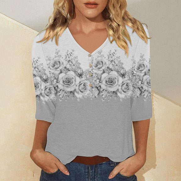 Bovemsi Women's Casual 3/4 Sleeve T Shirts 2025 V Neck Tunic Tops Cute Tees Blouses Loose Fit Business Work Tee Top, Gray Women's Summer Short Sleeve T-Shirts, 3XL