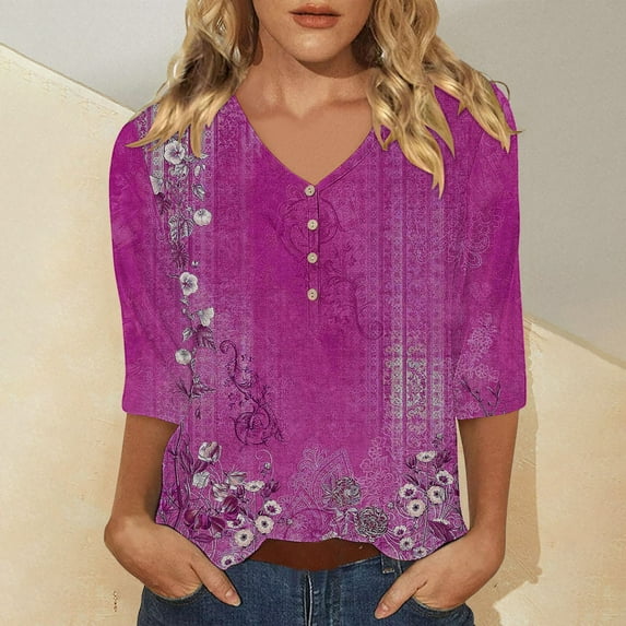 Bovemsi Women's Casual 3/4 Sleeve T Shirts 2025 V Neck Tunic Tops Cute Tees Blouses Loose Fit Business Work Tee Top, Purple Women's Summer Short Sleeve T-Shirts, L