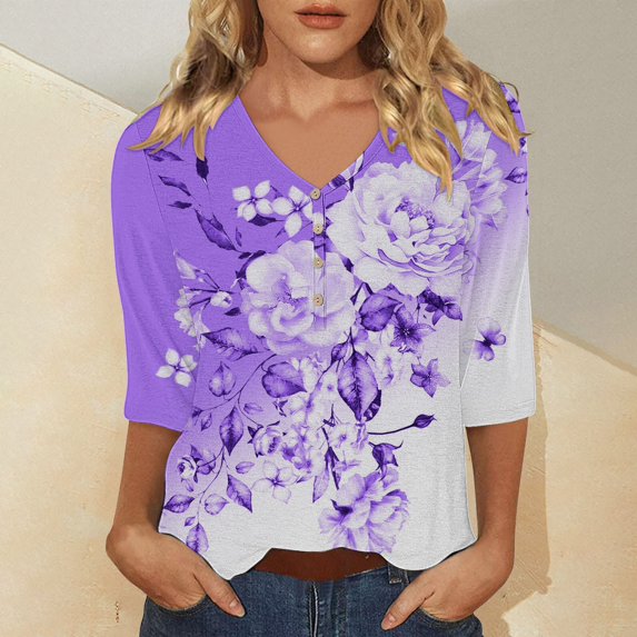 Bovemsi Women's Casual 3/4 Sleeve T Shirts 2025 V Neck Tunic Tops Cute Tees Blouses Loose Fit Business Work Tee Top, Purple Women's Summer Short Sleeve T-Shirts, XXL