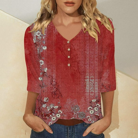 Bovemsi Women's Casual 3/4 Sleeve T Shirts 2025 V Neck Tunic Tops Cute Tees Blouses Loose Fit Business Work Tee Top, Red Women's Summer Short Sleeve T-Shirts, XL