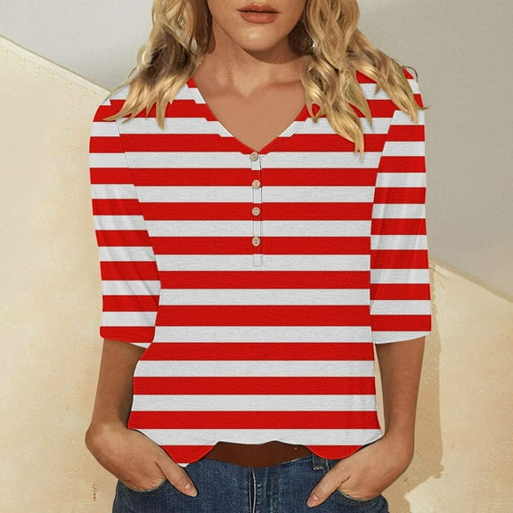 Bovemsi Women's Casual 3/4 Sleeve T Shirts 2025 V Neck Tunic Tops Cute Tees Blouses Loose Fit Business Work Tee Top, Red Women's Summer Short Sleeve T-Shirts, L