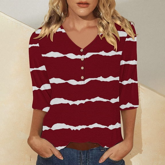 Bovemsi Women's Casual 3/4 Sleeve T Shirts 2025 V Neck Tunic Tops Cute Tees Blouses Loose Fit Business Work Tee Top, Red Women's Summer Short Sleeve T-Shirts, L