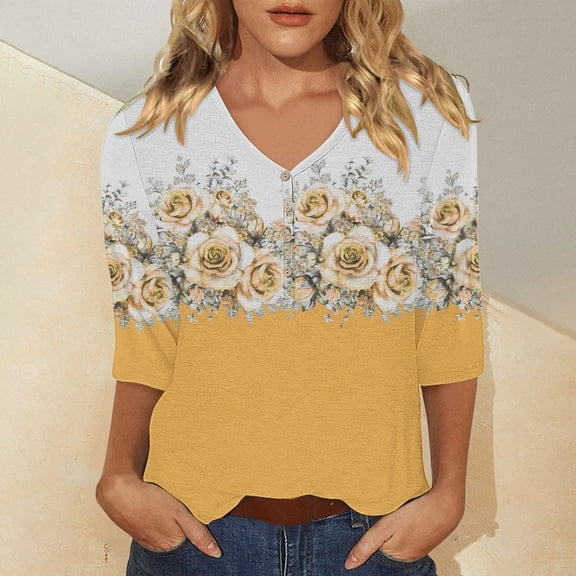 Bovemsi Women's Casual 3/4 Sleeve T Shirts 2025 V Neck Tunic Tops Cute Tees Blouses Loose Fit Business Work Tee Top, Yellow Women's Summer Short Sleeve T-Shirts, S