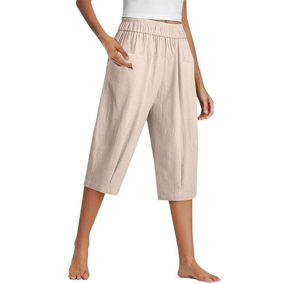 Bovemsi Women's Casual Pants Cotton And Linen Cropped For Women In Summer Loose Large Size Elastic Waist Small Feet Harem Versatile with Pockets