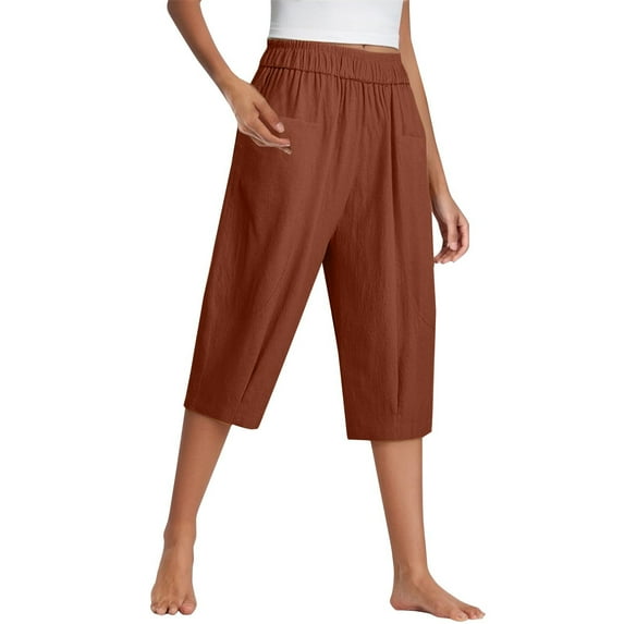 Bovemsi Women's Casual Pants Cotton And Linen Cropped For Women In Summer Loose Large Size Elastic Waist Small Feet Harem Versatile with Pockets
