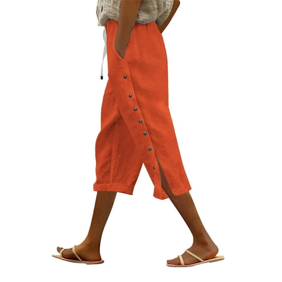 Bovemsi Women's Casual Pants Fashion Solid Color Cotton Linen Elastic Seven Beach with Pockets