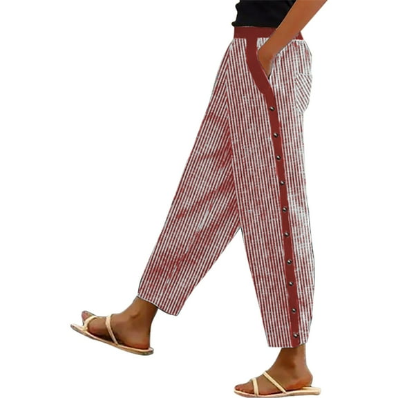 Bovemsi Women's Casual Pants Solid Color Striped Buttoned Cropped Trousers with Pockets