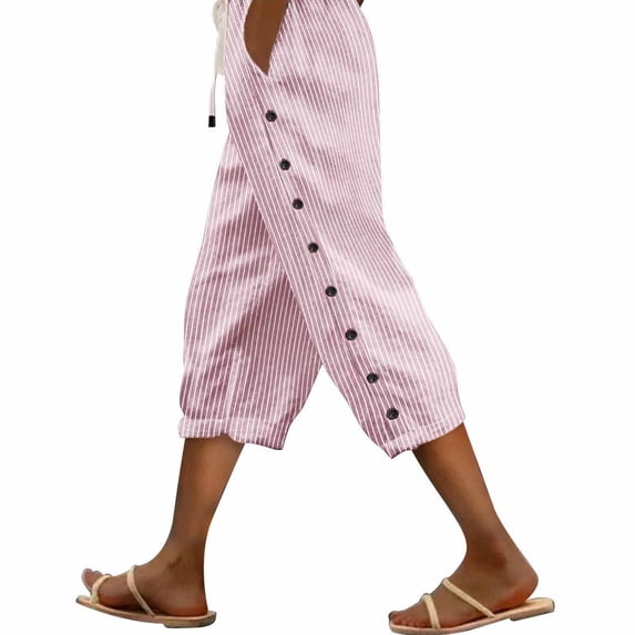 Bovemsi Women's Casual Pants Striped Side Fashionable Loose Elastic Waist Straight Leg Comfortable Three Quarter Belt Cuff with Pockets