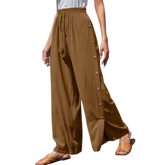 Bovemsi Women's Casual Pants Wide Leg Linen For Women Elastic High Waist Tie Side Split Beach Trousers