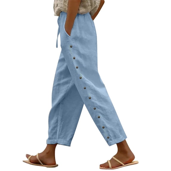 Bovemsi Women's Casual Pants Women Fashion Solid Color Cotton Flax Elastic Long Beach Leisure Trousers Linen with Pockets