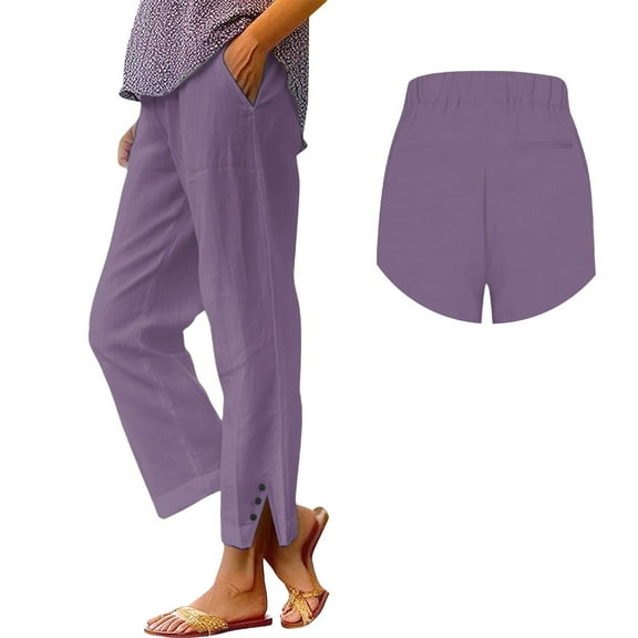 Bovemsi Women's Casual Pants Women Solid Straight Elastic Long Linen Waist Cotton Slit Trouser Legs with Pockets