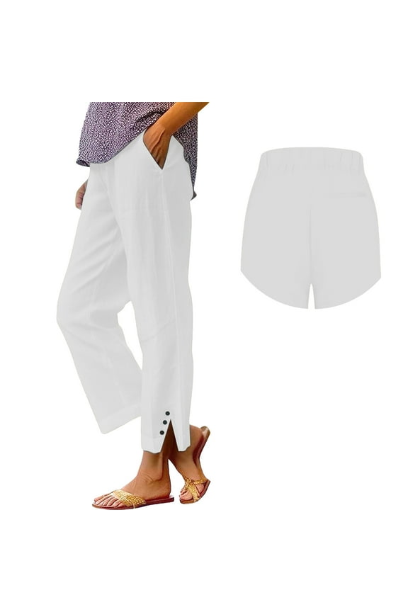 Women's Casual Pants Women Solid Straight Elastic Long Linen Waist Cotton Slit Trouser Legs with Pockets