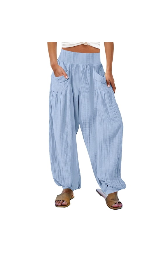Women's Casual Pants Womens High Waist Wide Leg Palazzo Beach Loose Baggy Harem With Pockets Beach Trousers