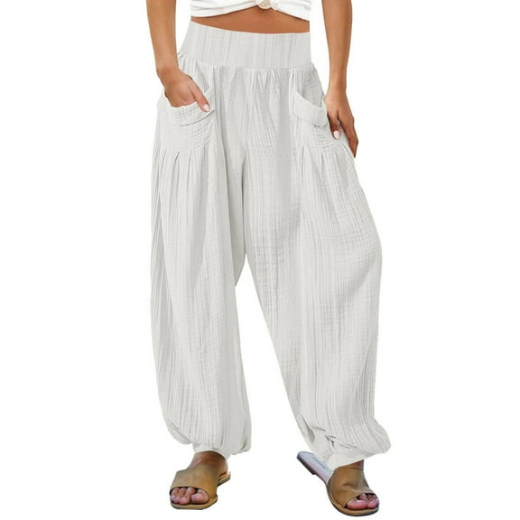 Bovemsi Women's Casual Pants Womens High Waist Wide Leg Palazzo Beach Loose Baggy Harem With Pockets Beach Trousers