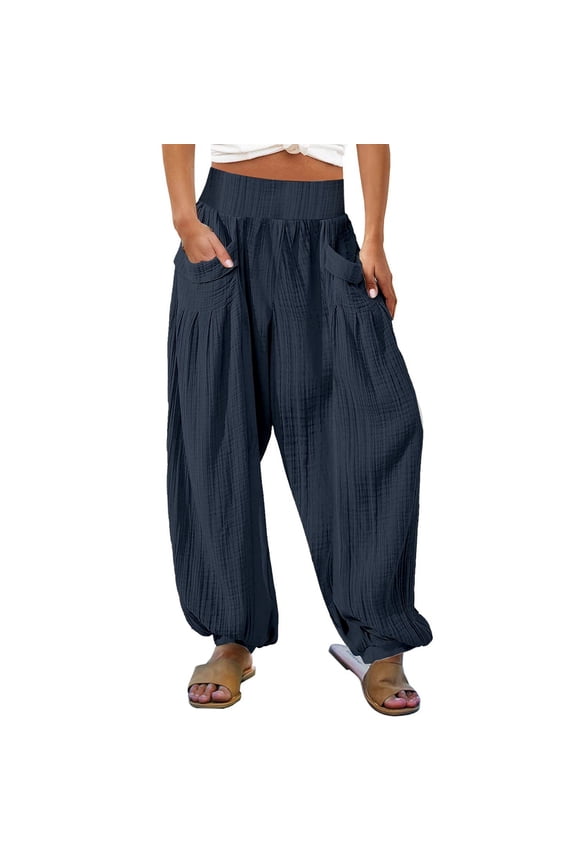 Women's Casual Pants Womens High Waist Wide Leg Palazzo Beach Loose Baggy Harem With Pockets Beach Trousers