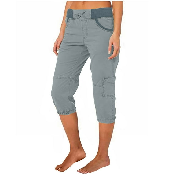 Bovemsi Women's Color Blocking Elastic Waist Cargo Pants - Multi-Pocket Loose Work Casual Trousers, Blue, S