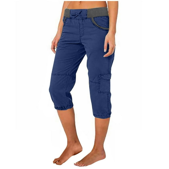 Bovemsi Women's Color Blocking Elastic Waist Cargo Pants - Multi-Pocket Loose Work Casual Trousers, Blue, XL