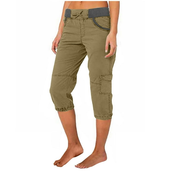 Bovemsi Women's Color Blocking Elastic Waist Cargo Pants - Multi-Pocket Loose Work Casual Trousers, Green, XXL