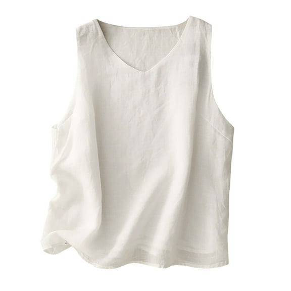 Bovemsi Women's Cotton Linen Camisole - Lightweight Comfortable V Neck Sleeveless Vest, Outer Wear, White Base Layer Camisole